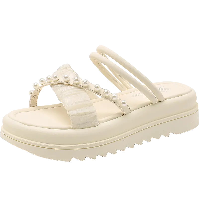 Dusto Zoete Dikke Bodem Twee Dragen Sandaal Slippers Dunne Band Parel Set Voet Sandalen Vrouw