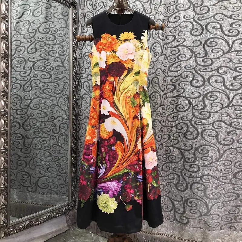100%Cotton Long Dress 2024 Summer Evening Party Women Colorful Oil Painting Floral Patterns Sleeveless Long Black Dress Vintage