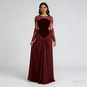 Abiti da Donna in <span class=keywords><strong>Velluto</strong></span> Bordeaux con Pizzo, Scollo Rotondo, <span class=keywords><strong>Maniche</strong></span> <span class=keywords><strong>Lunghe</strong></span>, Arricciato in Raso, Elegante e Formale - Product Image 4