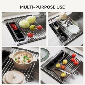 Expandable Roll-Up Dish <b>Drying</b> <b>Rack</b> with Expandable Storage Basket Dish Drainer <b>Drying</b> <b>Rack</b> Foldable Stainless Steel Drainer - Product Image 5