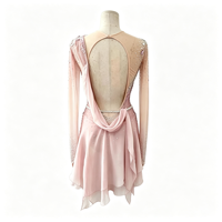Robe de patinage artistique rose à strass, dos nu, manches longues, en maille, costume de compétition de patinage sur glace, personnalisé pour filles et femmes