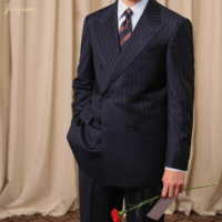 Costume deux pièces de luxe pour homme, rayé marine, double boutonnage, en tissu TR extensible, lavable en machine, coupe ajustée, pour affaires