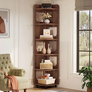 Étagère d'angle moderne en bois SENYU avec 5 étagères ouvertes, design gain de place pour salon, meuble de rangement autoportant - Product Image 6