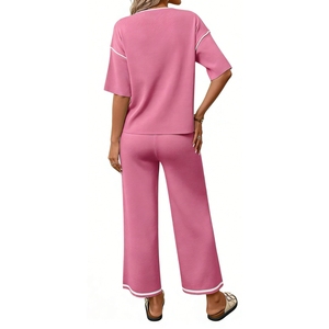 Women's 2-Piece <b>Knit</b> <b>Set</b> - Short Sleeve Contrast Trim Top & Drawstring Wide Leg Pants Outfit Womens Clothes <b>Sets</b> Fashion - Product Image 3