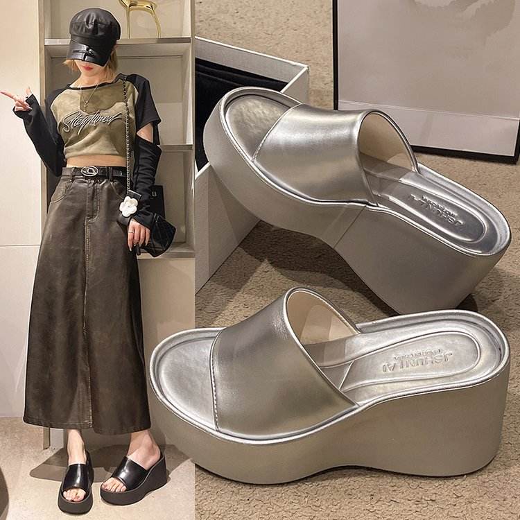 Summer Casual Home Slippers Women's Sheepskin Slope Heel Knit Slip-on Flip  Flops