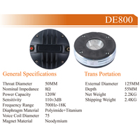 Haut-parleur de scène professionnel dDE800 avec tweeter à compression en néodyme, 120W, 8 ohms, gorge de 50 mm, bobine mobile de 75 mm, 700 Hz-18 kHz