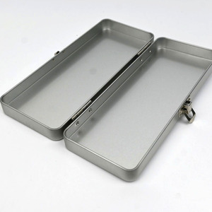 Custom Recyclable Eco-Friendly Long Rectangle Matte Silver <b>Metal</b> Tin <b>Box</b> Hinge Lock Latch Pen Tool Stationery Gift Set Storage - Product Image 3