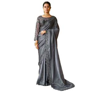 Conjunto de mujer de satén bordado gris asombroso que incluye sari con blusa - Product Image 1