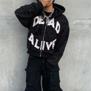 Fabricant de vêtements streetwear 3D automne, poids lourd 500 g/m², coupe ample, noir, logo personnalisé, patch brodé vieilli, entièrement orné de strass, fermeture éclair - Product Image 1