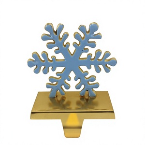 Snowflake Metal Christmas <b>Stocking</b> Hook <b>Holder</b> Gold Base Blue Enamel Modern Eco-friendly Decorative Mantel Hanger Holiday - Product Image 1