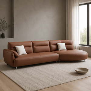 Curved Chaise Leather <b>Sofa</b> L Shape Sectional Rounded End Slim Metal Legs Modern Living Room Hotel Villa Bedroom - Product Image 2