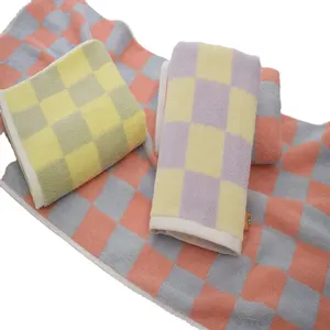 34*72cm Soft Bathing Towel And Face Cloth Premium Cotton Thick Plaid Checkered Personalised Face Towels