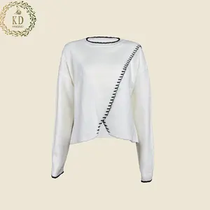 KD Custom Knit Sweater Manufacturer Crew Neck Asymmetric Crossover Stitched Edge Office Lady Women Pullover Sweater