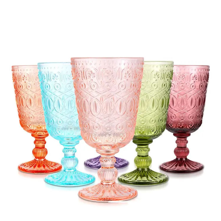 9oz Romantic Stemmed Pink Green Blue Embossed Glassware Vintage Colored Glass Goblet Cup for Wedding Party