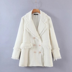 Medium and Long <strong>White</strong> Cotton Medium and Long Fringed Suit Women's Fashion Double-breasted <strong>Tweed</strong> <strong>Jacket</strong> - Product Image 3