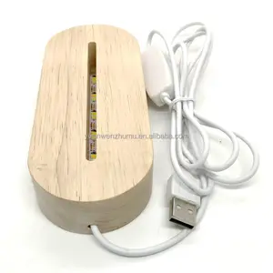 Резиновый деревянный овальный светодиодный светильник из массива дерева с деревянным основанием для 3D акрилового дисплея ночного света с USB-кабелем