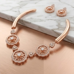 925 Silver Italian Rose Gold Floral Necklace Set with Matching <b>Earrings</b> <b>Crystal</b> <b>Studded</b> Designer Jewelry Women - Product Image 1