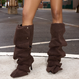 Womens Stiletto Pointed Toe High Heel Brown <strong>Sherpa</strong> Folded Detail Fur <strong>Boots</strong> - Product Image 3