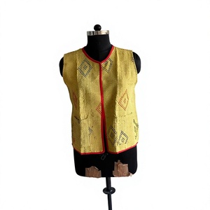 Yellow Kantha Stitch Koti Multicolor Embroidered Bohemian Short Ethnic Traditional Sleeveless <b>Waistcoat</b> Red Border Jacket - Product Image 2