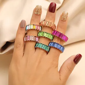 GT OEM Anillo Arcoiris Eternity Diamond Women Jewelry Multi Color Square Cubic Zirconia Baguette Rainbow Rings