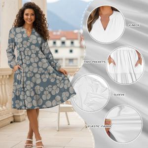 新款夏威夷贝壳设计宽松连衣裙定制印花V领口袋腰部拼布优雅长袖连衣裙 - Product Image 4