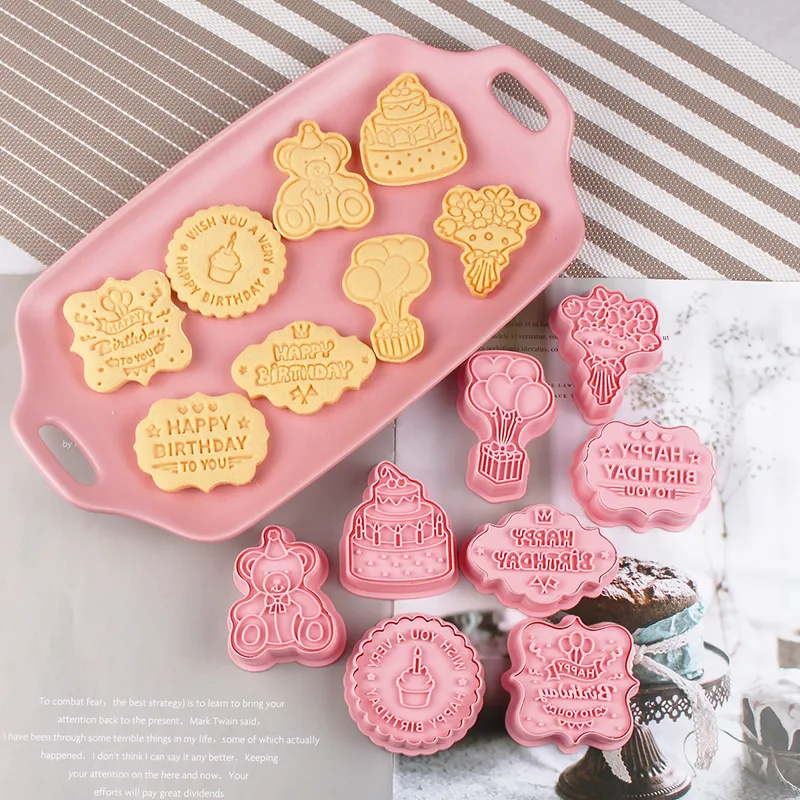 Moules à biscuits en plastique 3D, 1 pièce, impression joyeux anniversaire, coupe-biscuits, outil de cuisine, de gâteau, bricolage, décoration de fête