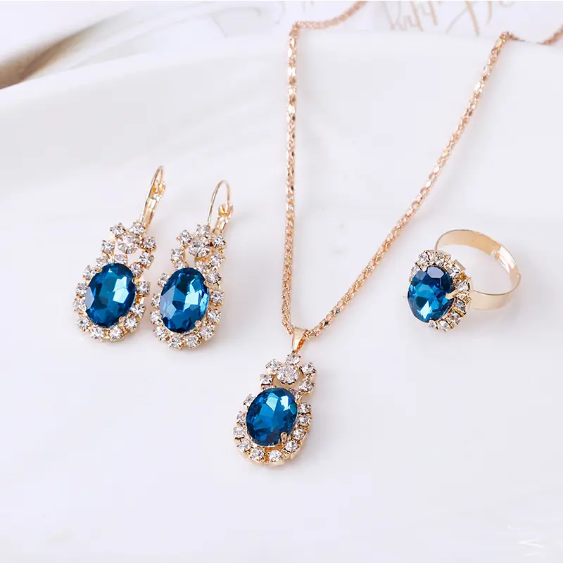 Fashion New Hot Selling Gemstone Claw Chain Diamond Necklace Earrings Ring Three Piece Jewelry Sets Wholesale