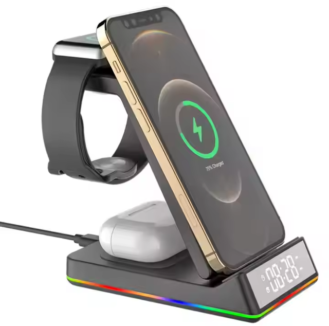 5 in 1 Portable Magnetic Wireless Charger Multi-function Fast phone chargers With Electronic Clock for Phones Smart Watches