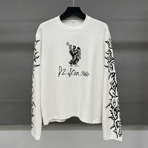 เสื้อยืดดีไซน์เนอร์ทรงหลวมสไตล์สตรีทแวร์ พิมพ์ลายกราฟิกแบบดิสเทรส ทรงบ็อกซี่ แขนยาว ผ้าวาฟเฟิล - Product Image 1