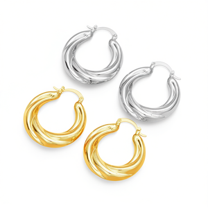 ต่างหูห่วงทองคำขาว E3936 ดีไซน์คลาสสิกสำหรับทุกเพศ เครื่องประดับแฟชั่น ชุบทอง 14K ดีไซน์บิดเกลียว ไม่มีพลอยหลัก โอกาสอื่นๆ - Product Image 1