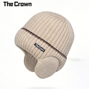 Bonnet d'hiver unisexe en tricot côtelé épais de haute qualité, style aviateur avec cache-oreilles, coupe-vent, couleur crème, vente en gros sur mesure - Product Image 2