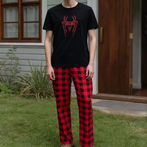 स्पाइडर प्रिंट आकस्मिक फैशन शॉर्ट आस्तीन शीर्ष और प्लेड पैंट पुरुषों पाजामा सेट बुना थर्मल लुभावनी - Product Image 1