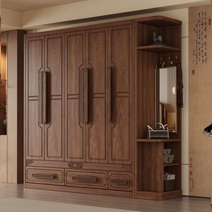 Modern Chinese Style Solid Wood <b>Wardrobe</b> 3 4 5 6 Doors <b>Large</b> Capacity Storage For Small Apartments Bedroom - Product Image 2
