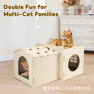 Double Room Cat House Wood Material 2 Levels Easy To Assemble Cat Tree With <b>Scratching</b> <b>Post</b> - Product Image 3