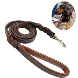 Custom Heavy Duty K9 real genuine Leather 6 feet cowhide Braided Chain Leather dog Lead leash for Large and Medium Dog Training