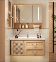 Meuble-lavabo de salle de bain moderne de luxe en bois massif multi-tailles avec miroir LED tactile lumineux et lavabo, couleur et taille personnalisables