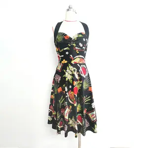 Moda mujer Vintage 1950s algodón estampado Floral cuello Halter Audrey Hepburn Rockabilly vestido 50s Retro Swing vestidos