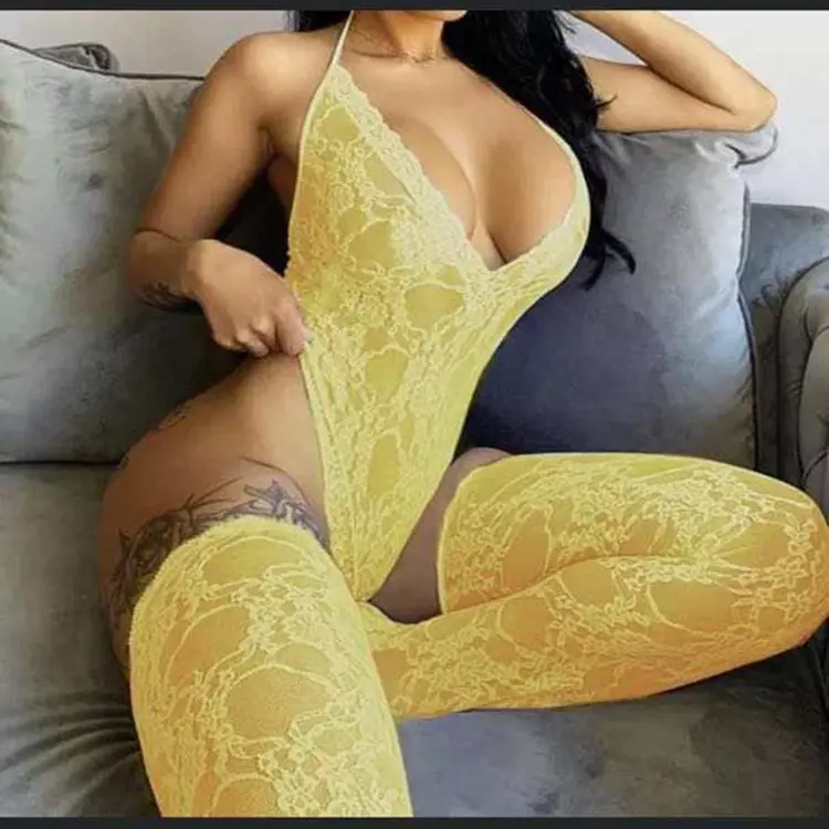 Caliente de las mujeres Sexy ropa interior de encaje mono sin mangas transparentes mono vestido con cuello en V profundo ajustados Halter mono con calcetines