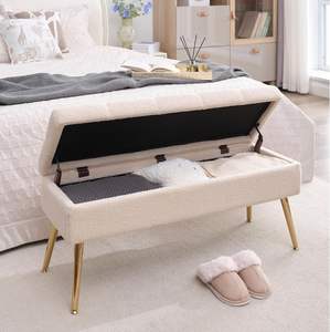 Muebles <span class=keywords><strong>de</strong></span> dormitorio <span class=keywords><strong>de</strong></span> diseño moderno nórdico, Banco tapizado <span class=keywords><strong>de</strong></span> tela <span class=keywords><strong>de</strong></span> felpa <span class=keywords><strong>de</strong></span> peluche con patas doradas para pies <span class=keywords><strong>de</strong></span> <span class=keywords><strong>cama</strong></span> - Product Image 2