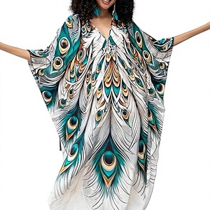 Robe longue maxi abaya à col en V, manches chauve-souris, coupe ample, imprimé paon, pour femme, plage, été, bohème, en polyester - Product Image 1