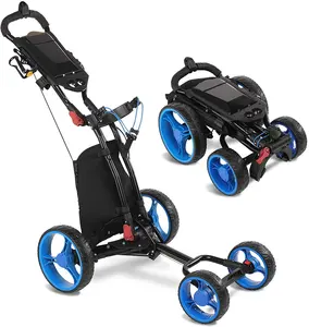 Hot Sale One-Click Opvouwbare Aluminium Structuur 4 Wheel Golf Push Trolley Met Handrem Multicolor Opvouwbare Hand Pull Golfkar