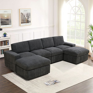 Canapé <span class=keywords><strong>convertible</strong></span> en microfibre moderne gris foncé en forme de L pour salon, usage domestique, avec chaise longue droite, mobilier complet - Product Image 2