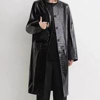 0021 2026 Manteau en cuir de mouton gaufré effet croco sans col pour femme, coupe ample mi-longue, style trench-coat, collection automne