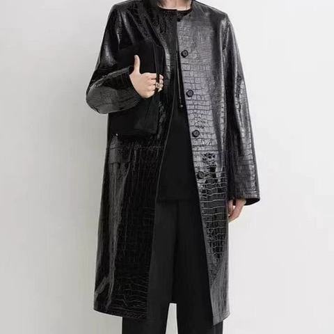0021 2026 Autumn Women's Collarless Embossed Croc Sheepskin Coat Loose Mid-Length Leather Trench Jacket