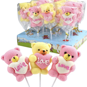 Bonbons en gros Halal 35g, sucettes guimauves colorées motif ours et cœurs, saveur vanille, en boîte - Product Image 1