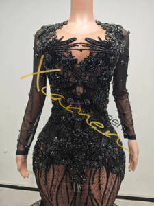 Ocstrade mới tính khí đầy đủ cơ thể màu đen Rhinestone V cổ Bodycon dài tay áo Sheer xem qua buổi tối ăn mặc Sage thanh lịch - Product Image 4