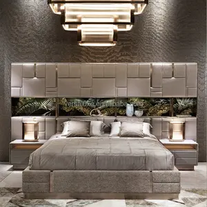 Trung Quốc cao cấp Nhà máy da hoặc nhung khung giường trang trí nội thất tường giường sang trọng khối thiết kế Up-holstered biệt thự highclass giường