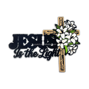 Grand Patch <span class=keywords><strong>Brodé</strong></span> en Chenille avec Croix de Jésus et Motif Floral pour Vestes, Sacs à Dos, Chapeaux, Foi Chrétienne, Applique à Repasser - Product Image 1