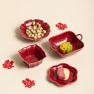 Ceramic Fruit Platter Porcelain Red Chinese New Year Wedding <b>Table</b> Decoration Simple Style - Product Image 4