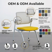 Chaise de conférence pliante avec tablette d'écriture, accoudoirs relevables, roulettes et dossier en maille empilable pour bureau, formation et étudiants